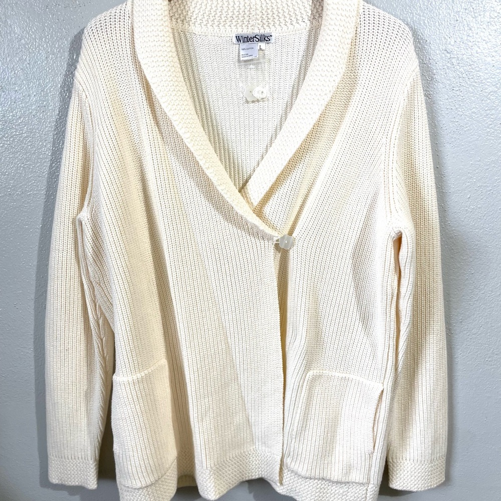 WinterSilks Ribbed Cotton Cardigan Collared Button Tie Knit Cream Large Neutral